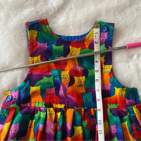 Vintage 90s handmade 100% cotton colorful rainbow cat print girl’s dress jumper - Picture 11 of 15